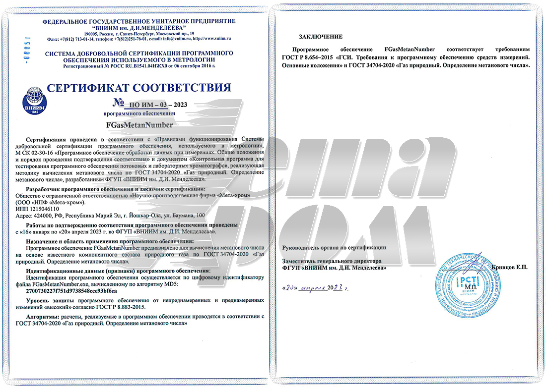 Сертификат FGasMetanNumber № ПО ИМ-03-2023